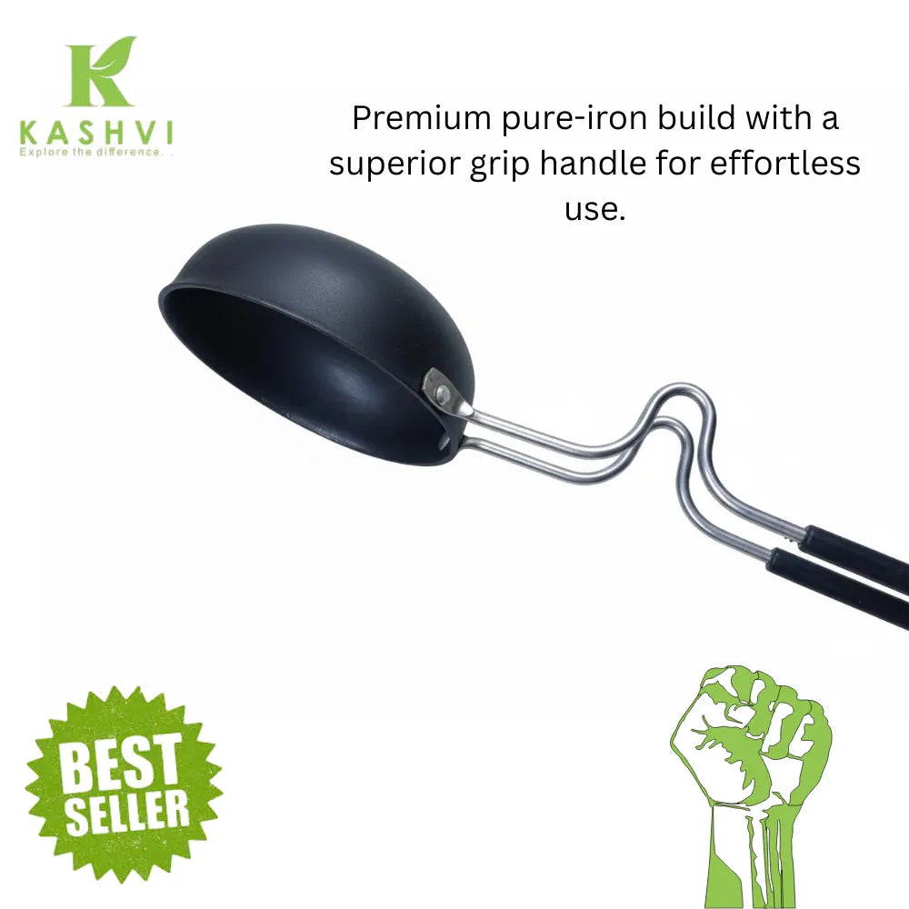 Black pan with a superior grip handle on a white background, featuring the Kashvi brand.