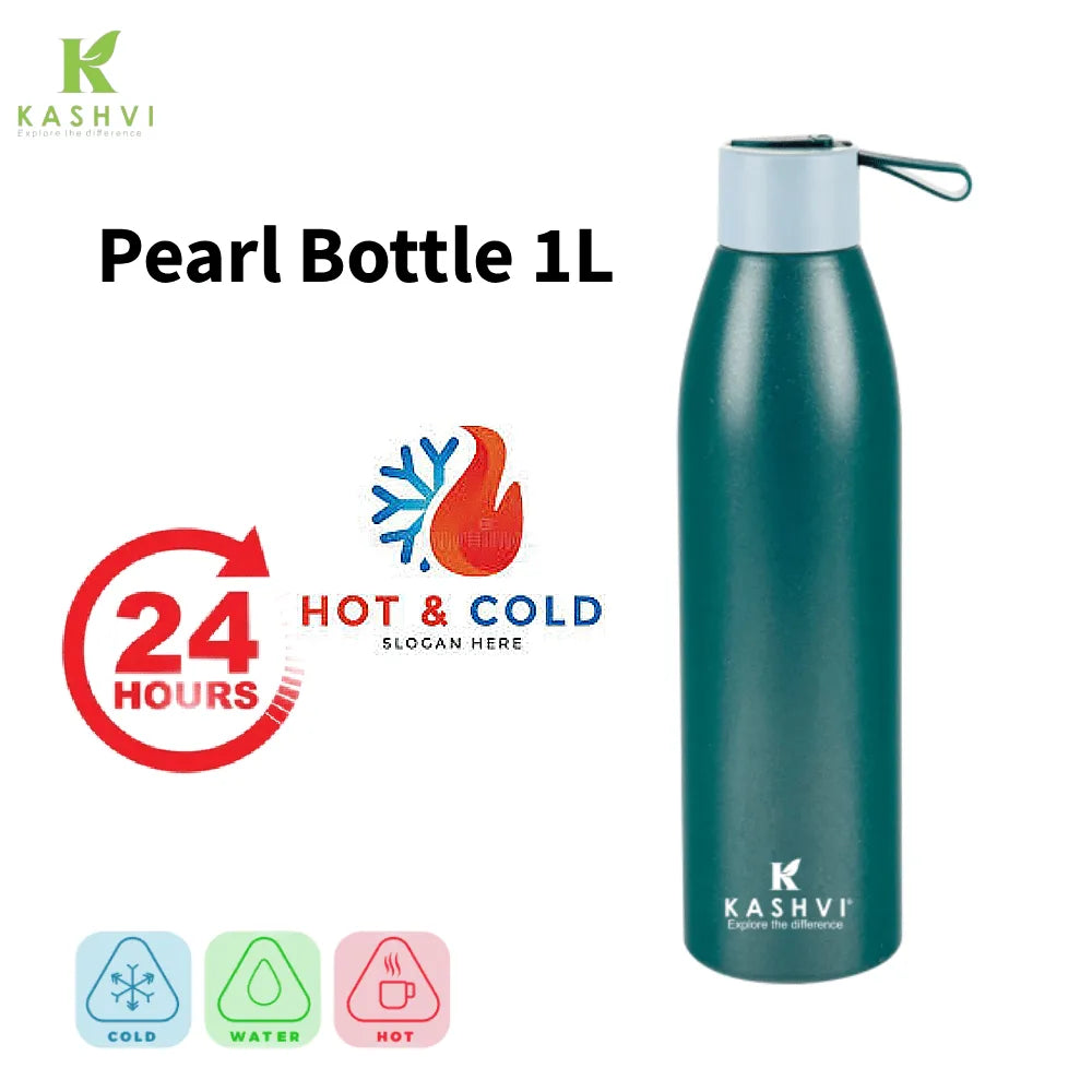 Teal insulated bottle with Kashvi branding on a white background