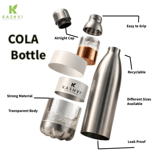 Metallic cola bottle with labeled features on a white background, featuring the brand 'Kashvi'.