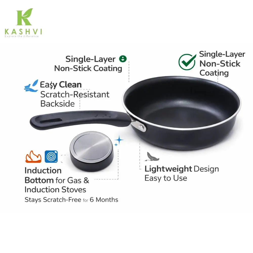 Black frying pan with features highlighted on a white background, branded as Kashvi.