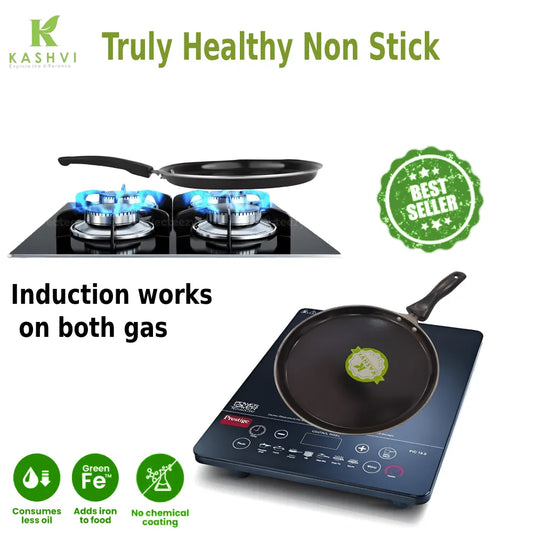 Induction cooktop with a frying pan on a white background, featuring the brand 'Kashvi'.