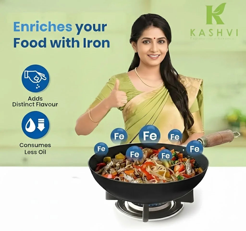 Kashvi Iron Wok Wooden HandleKASHVI Iron Wok with Enamel Ceramic Coating Iron Kadhai for Stir Fry, Curry & Deep Fry | Heavy Duty Iron Wok Pan