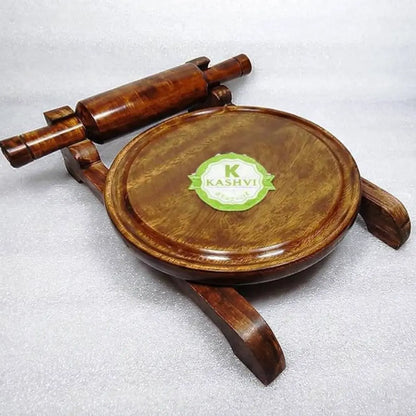 Wooden rolling pin and flatbread maker with 'Kashvi' branding on a white background