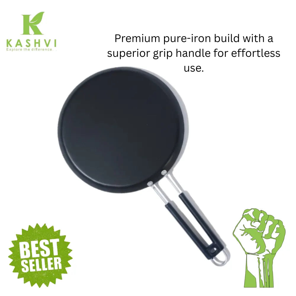 Black frying pan with a superior grip handle on a white background, featuring the Kashvi brand.