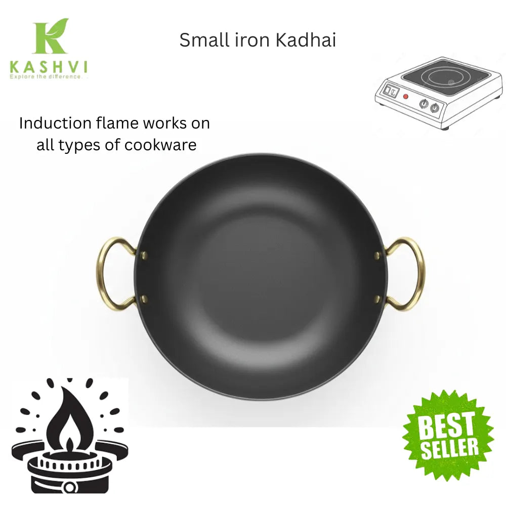 Black iron kadhai with gold handles on a white background, featuring the Kashvi brand.