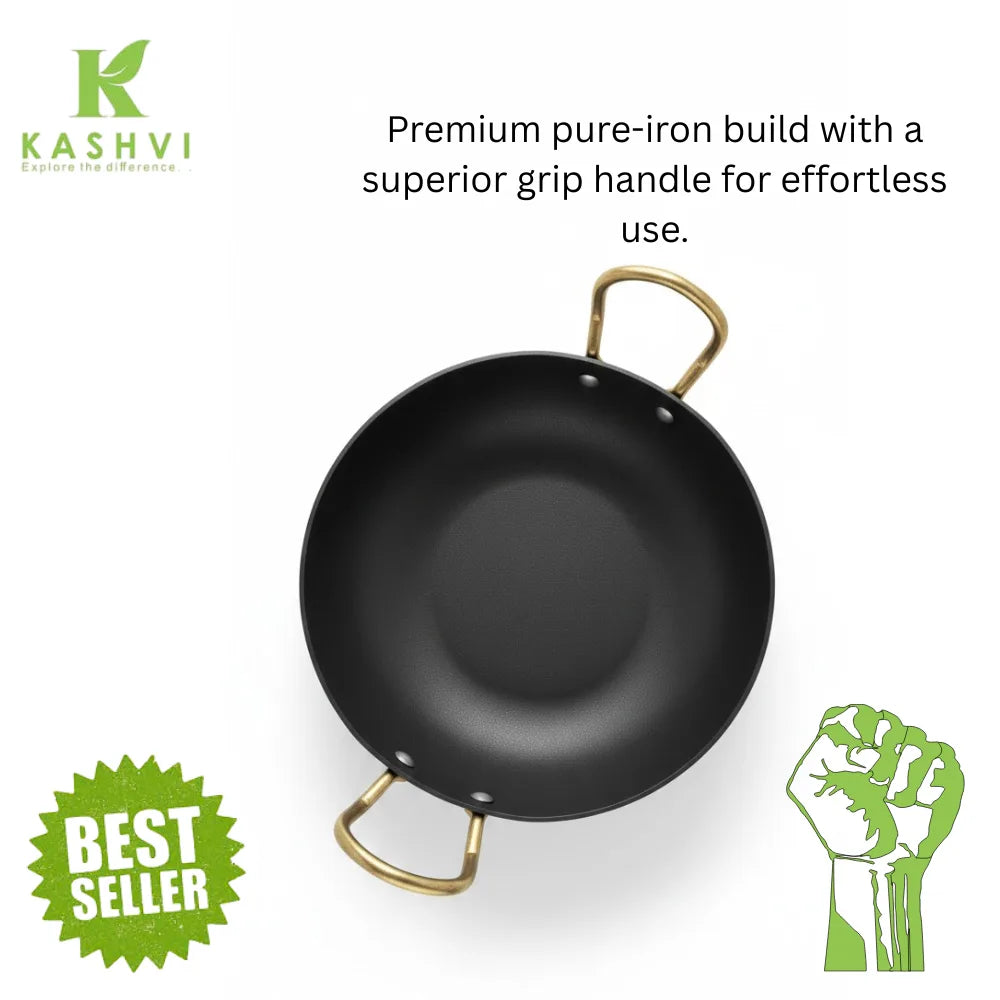 Black frying pan with gold handle on a white background, featuring the Kashvi brand.