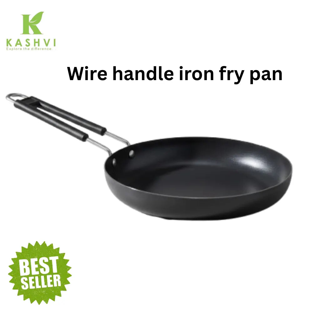 Black iron fry pan with wire handle on a white background, featuring the Kashvi brand.
