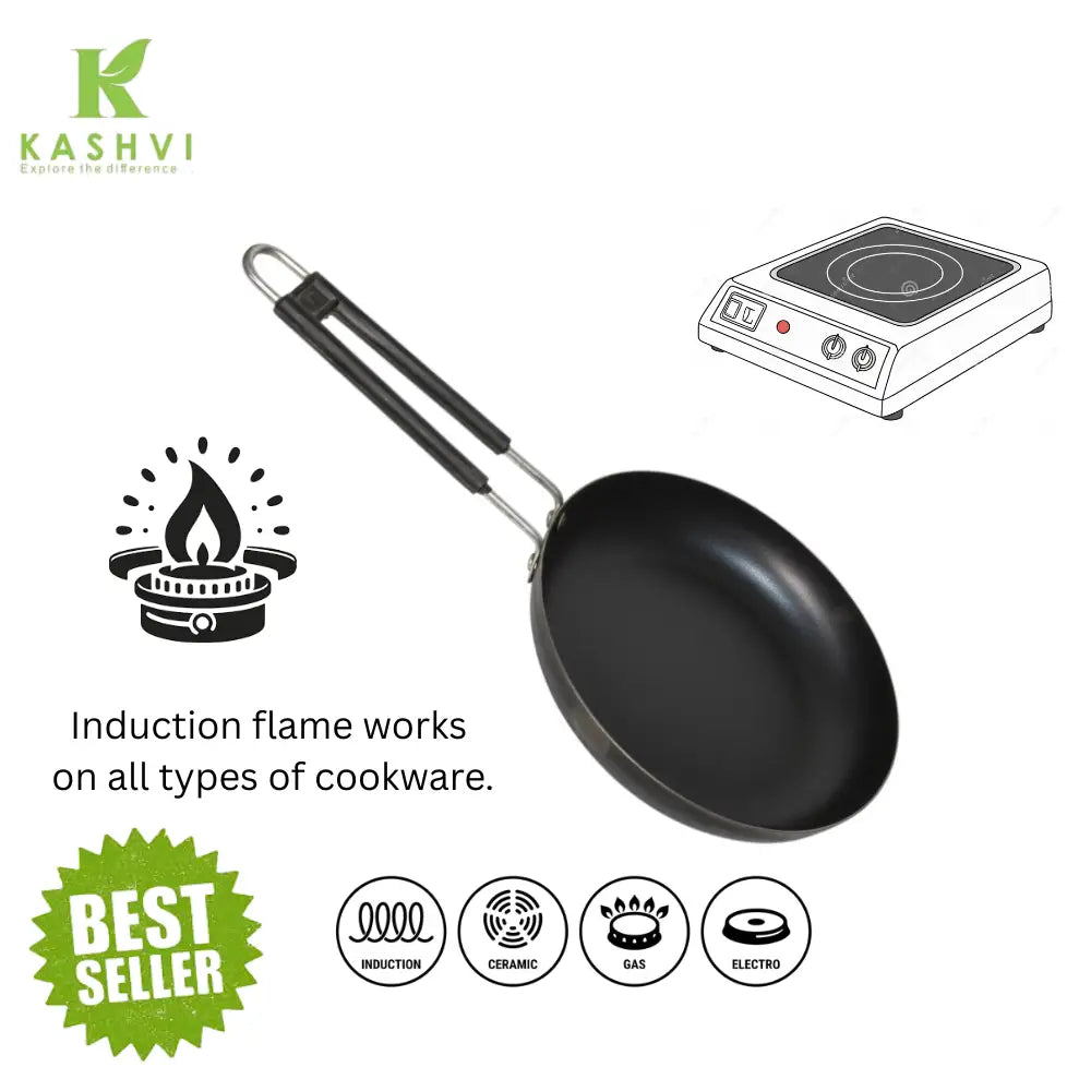 Black frying pan with induction cooktop and icons indicating compatibility on a white background, featuring the Kashvi brand.