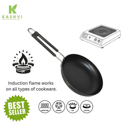 Black frying pan with induction cooktop and icons indicating compatibility on a white background, featuring the Kashvi brand.