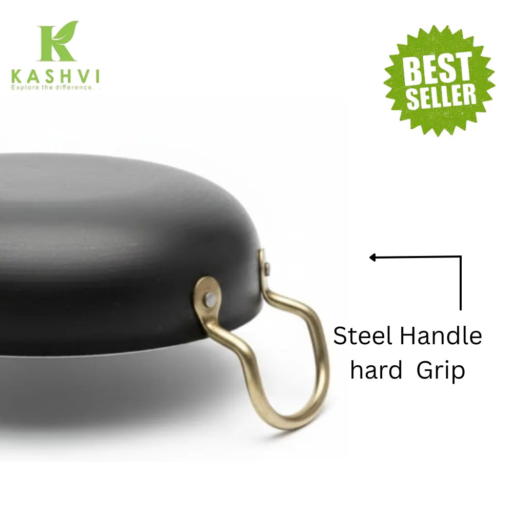 Black pan with a gold handle on a white background, featuring the Kashvi brand.