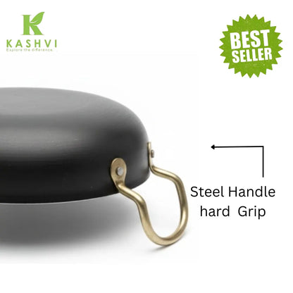 Black pan with a gold handle on a white background, featuring the Kashvi brand.