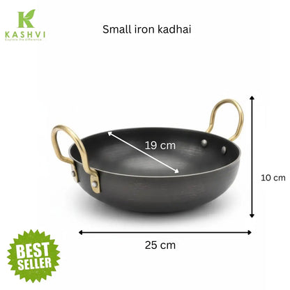 Small iron kadhai with dimensions and 'Best Seller' label on a white background