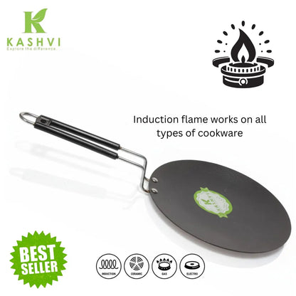Black frying pan with handle on a white background, featuring Kashvi brand logo and icons indicating compatibility with various cooktop types.