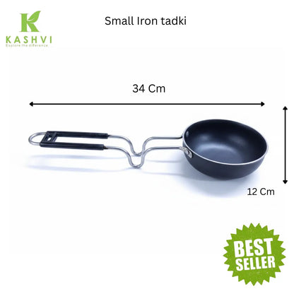Small iron tadki pan with dimensions and Kashvi branding on a white background