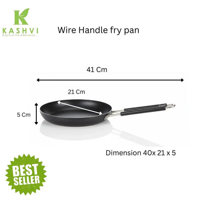 Black fry pan with wire handle and dimensions labeled, featuring the Kashvi brand.