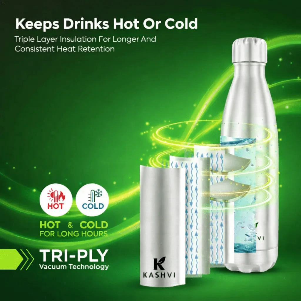 Silver insulated bottle with 'Kashvi' branding on a green background, highlighting heat retention features.