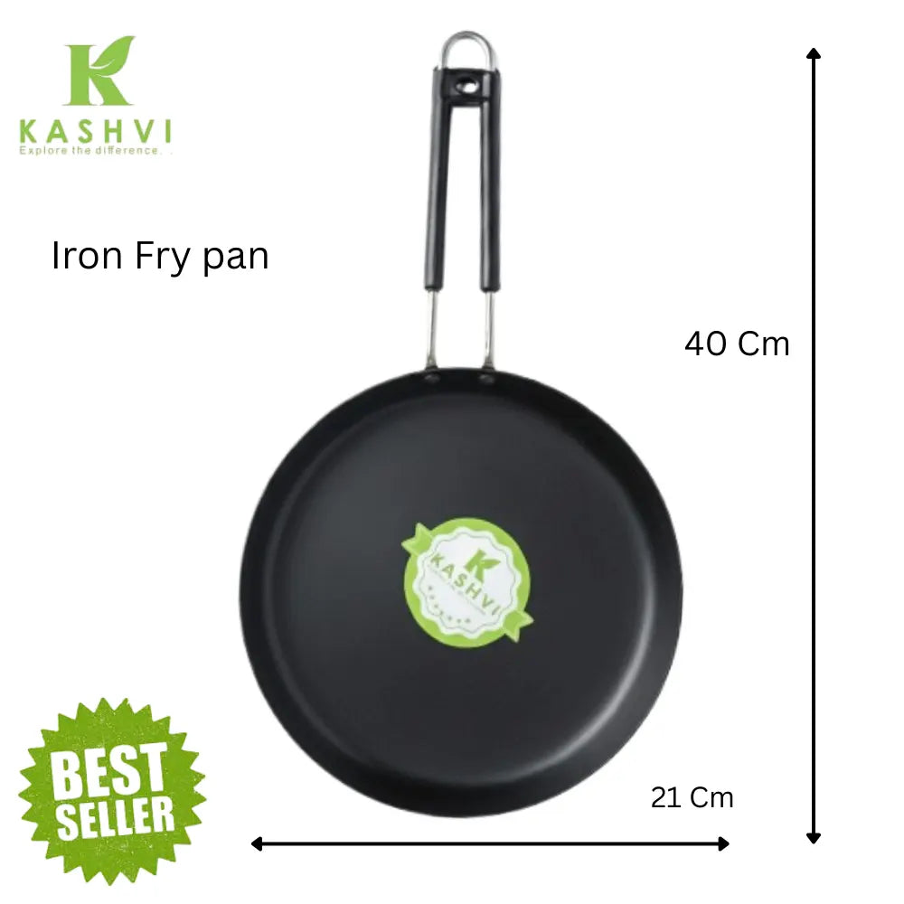 Black iron fry pan with dimensions and Kashvi branding on a white background