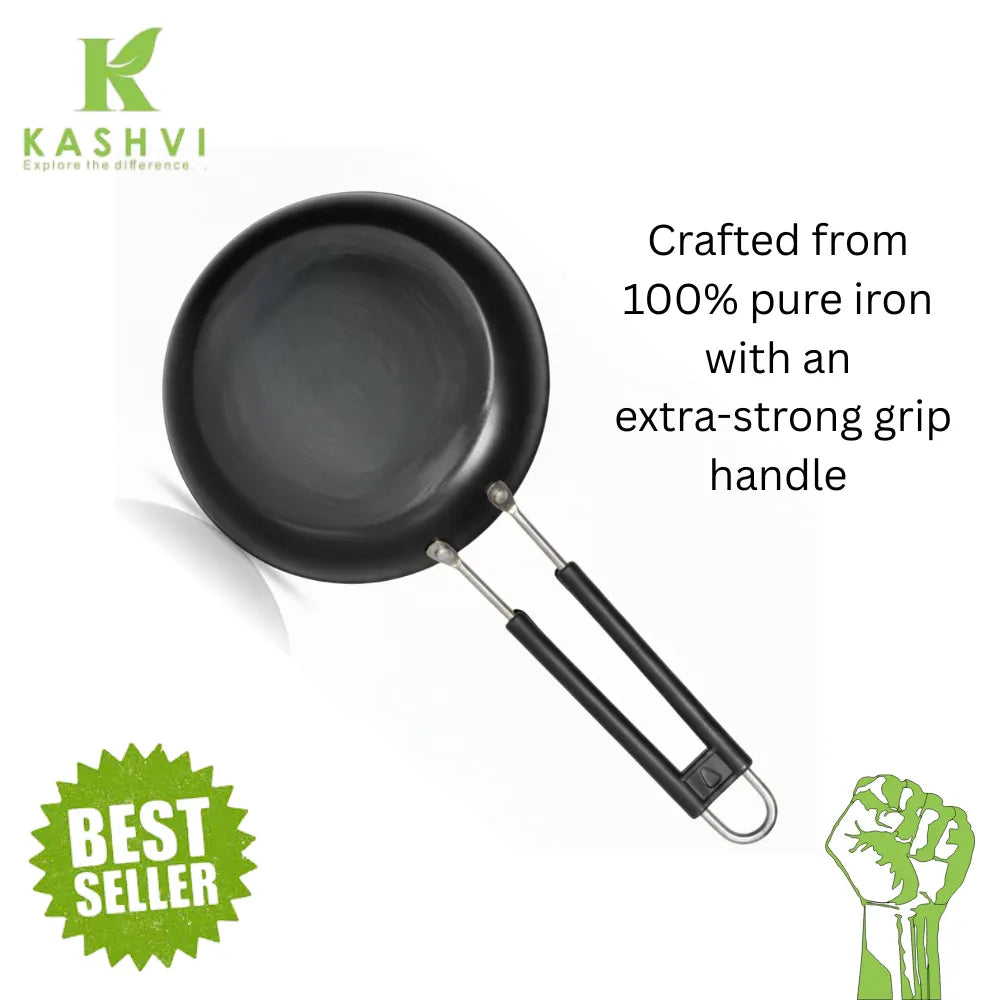 Black frying pan with an extra-strong grip handle, branded as Kashvi, on a white background.