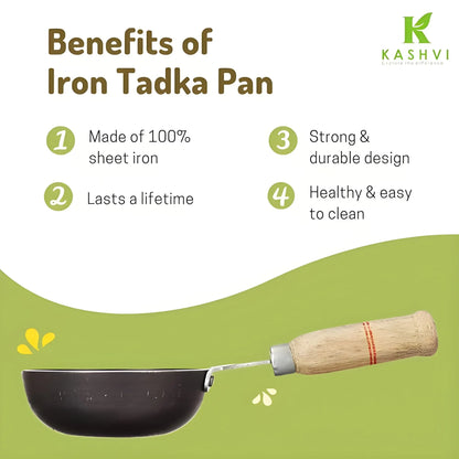Iron tadka pan with benefits listed on a green background, featuring the brand 'Kashvi'.
