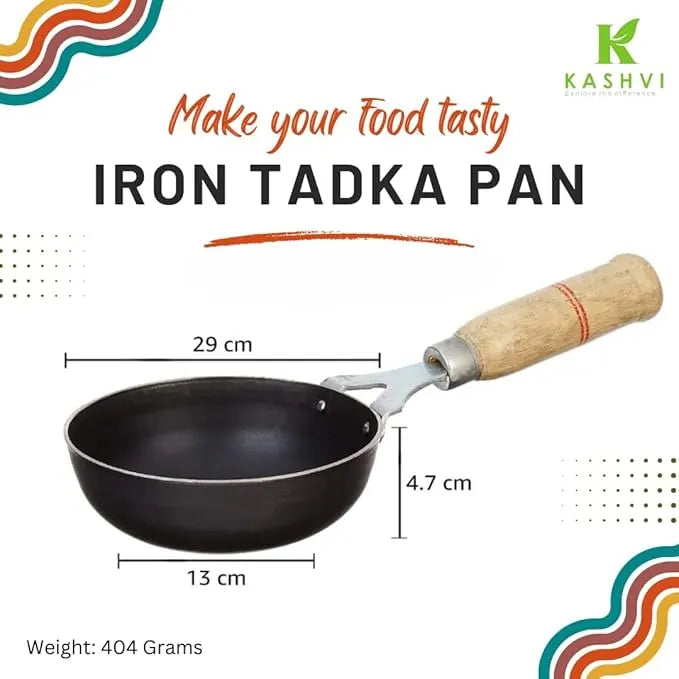 Iron tadka pan with dimensions and weight on a white background, featuring the Kashvi brand.