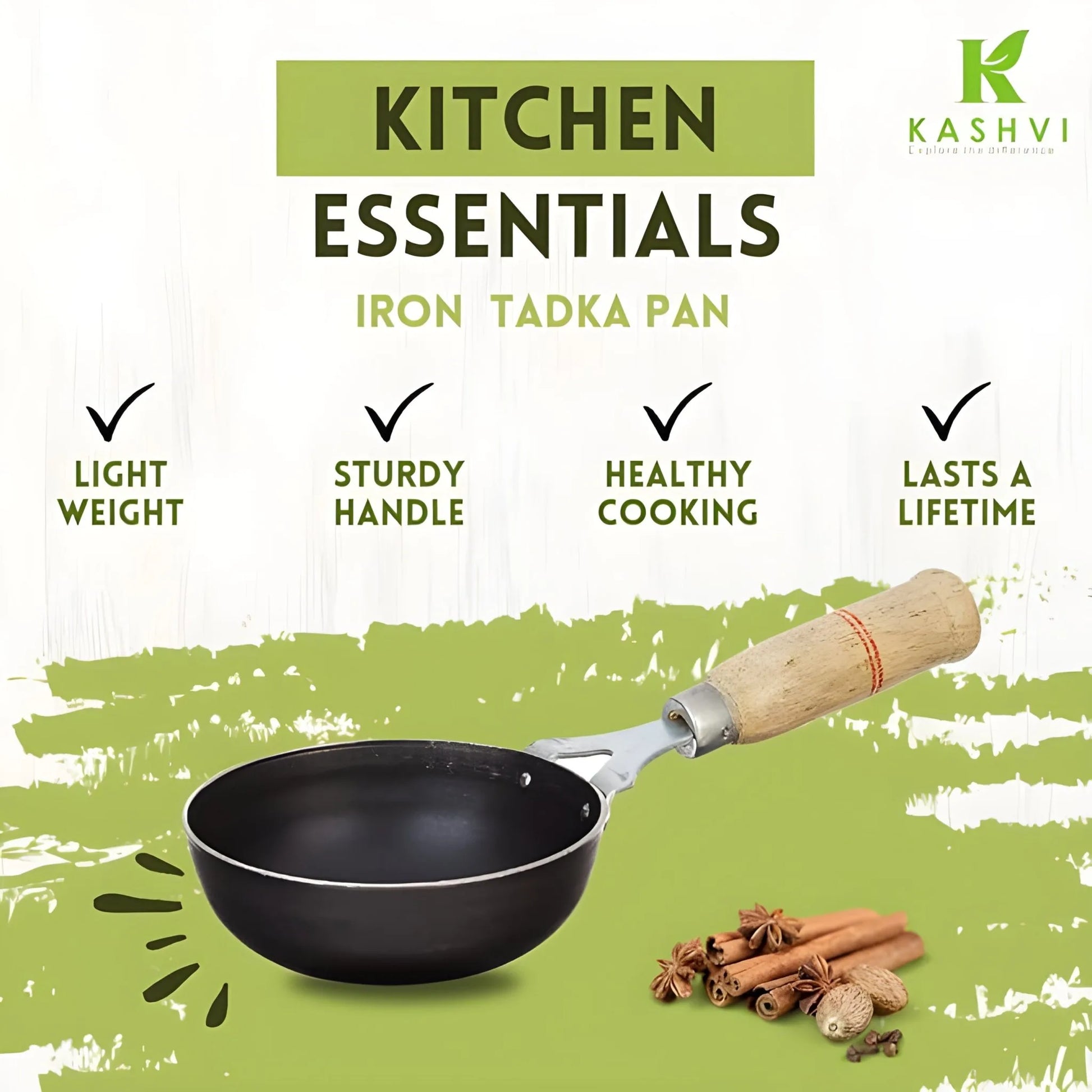 Iron tadka pan with wooden handle on a green background, featuring Kashvi brand.