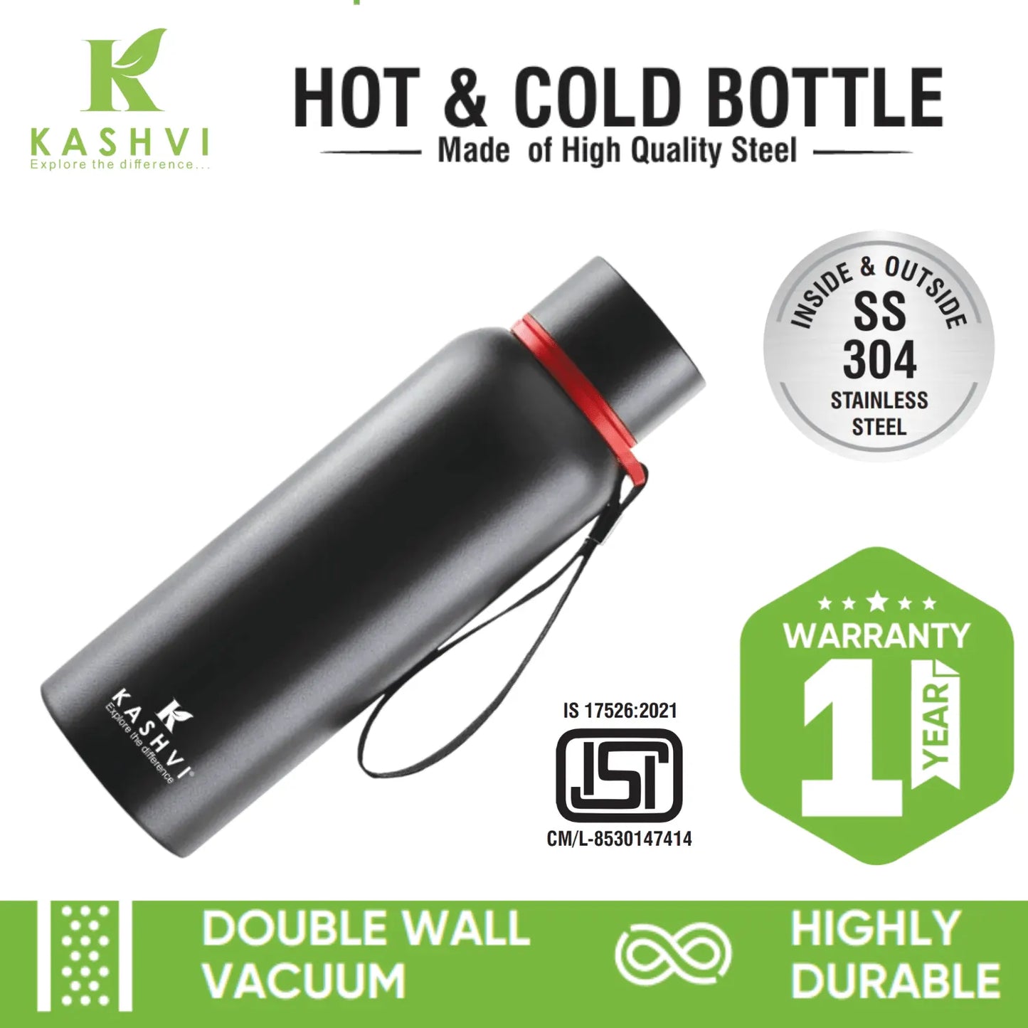 Black hot and cold bottle with red accent, Kashvi brand, stainless steel 304, double wall vacuum, highly durable.