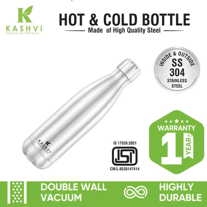 Silver stainless steel bottle with branding and product features on a white background