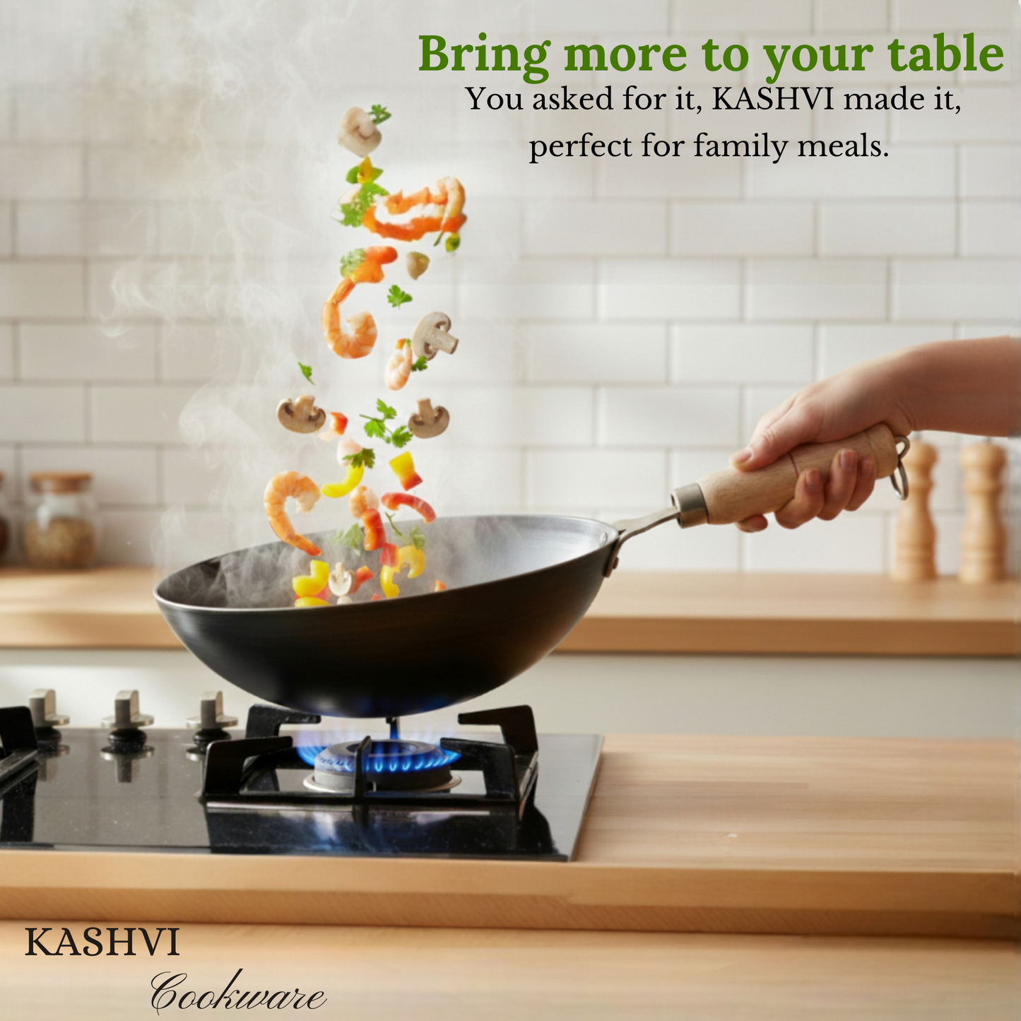 KASHVI Iron Wok Wooden Handle