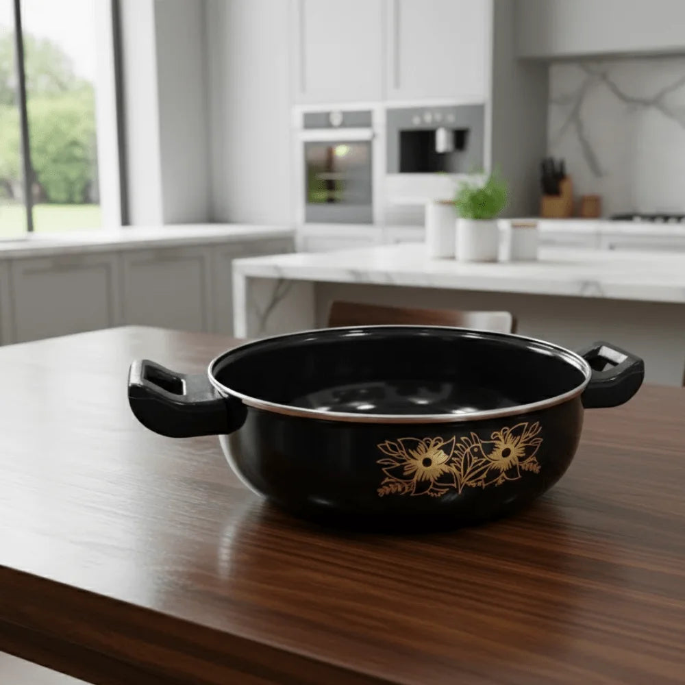 KASHVI iron kadai with ceramic enamel coating and gold floral design