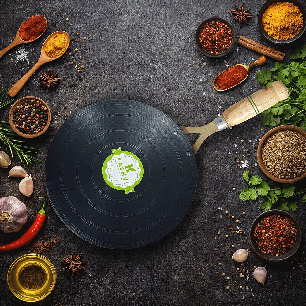 KASHVI Premium Iron Roti Tawa with Wooden Handle