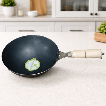 KASHVI iron wok 23cm pure iron stir fry pan with wooden handle