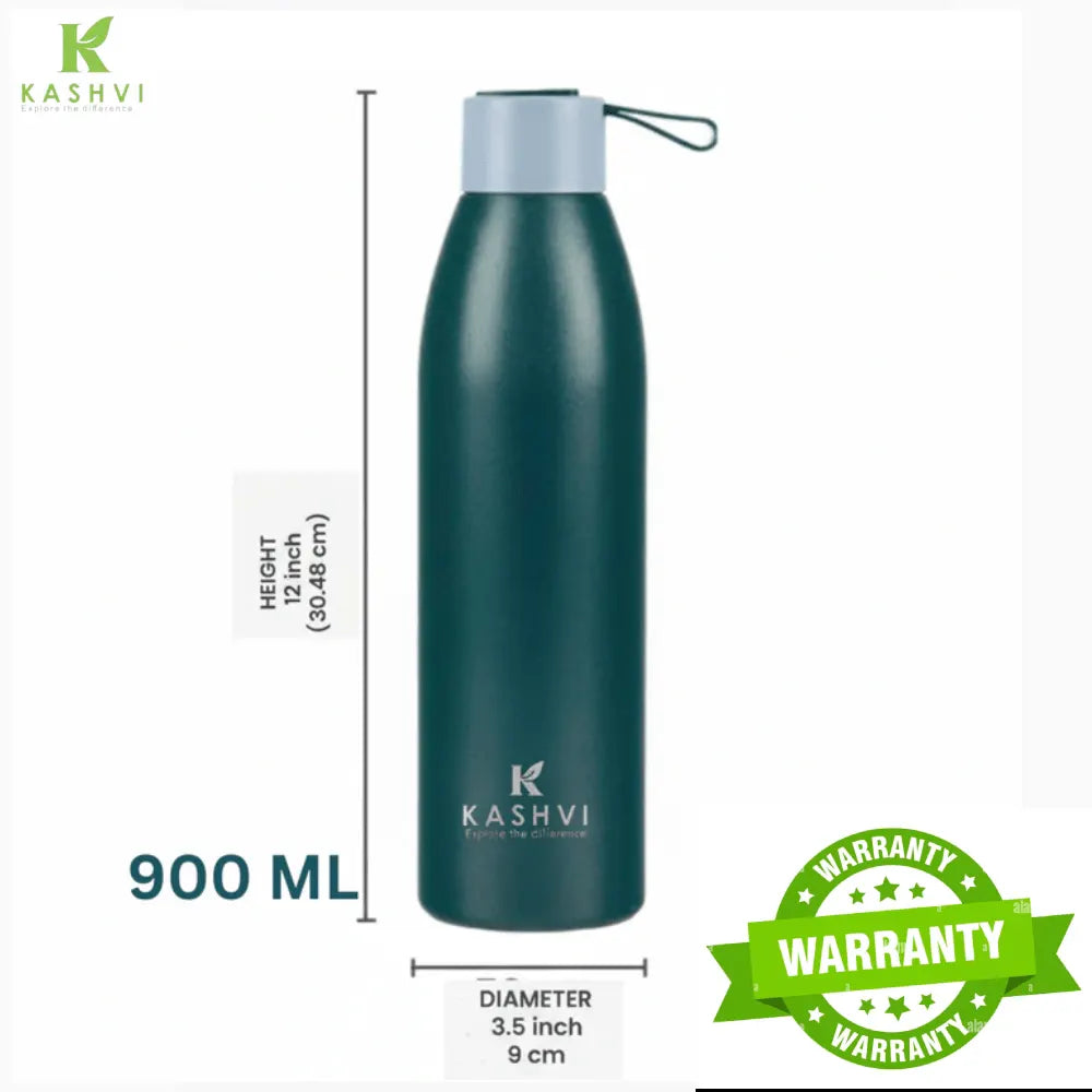 Green water bottle with measurements and 'Kashvi' branding on a white background