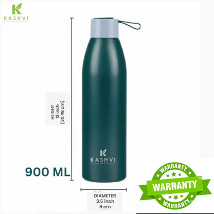 Green water bottle with measurements and 'Kashvi' branding on a white background