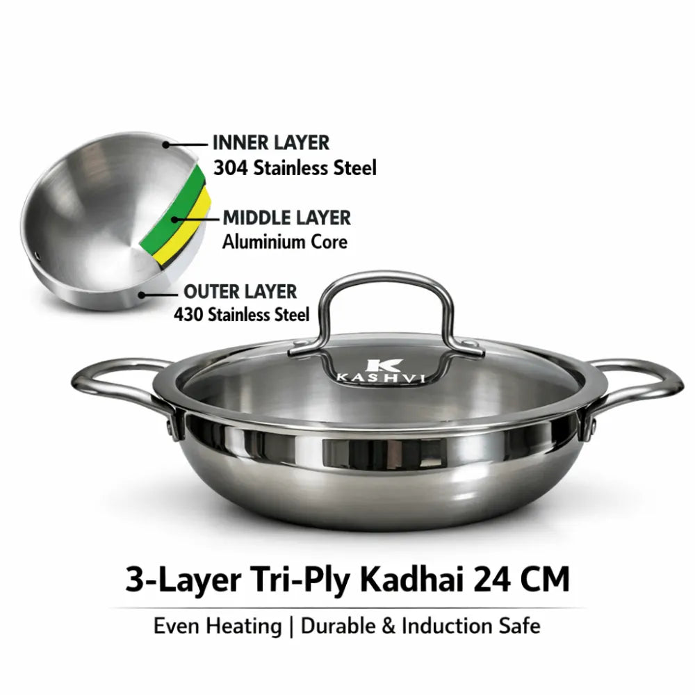 Stainless steel kadhai with 3-layer tri-ply structure labeled, on a white background.