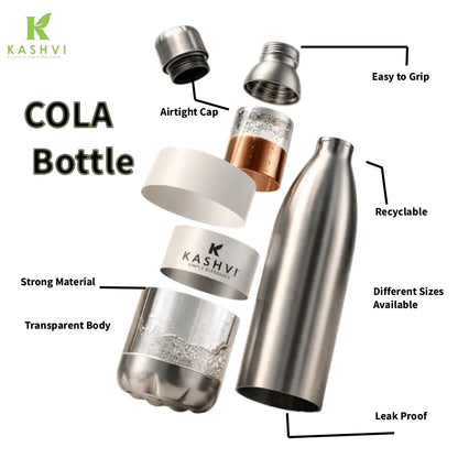 Metallic cola bottle with labeled features on a white background, featuring the brand 'Kashvi'.