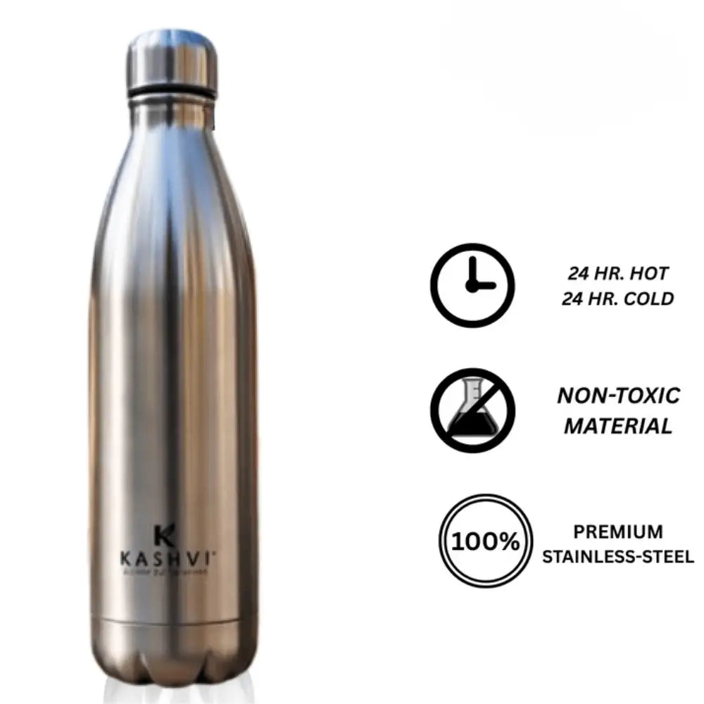 Stainless steel water bottle with KASHVI branding on a white background