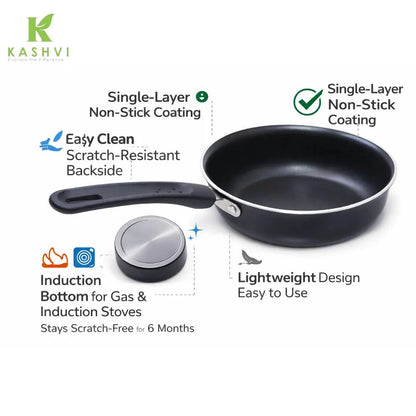 Black frying pan with features highlighted on a white background, branded as Kashvi.