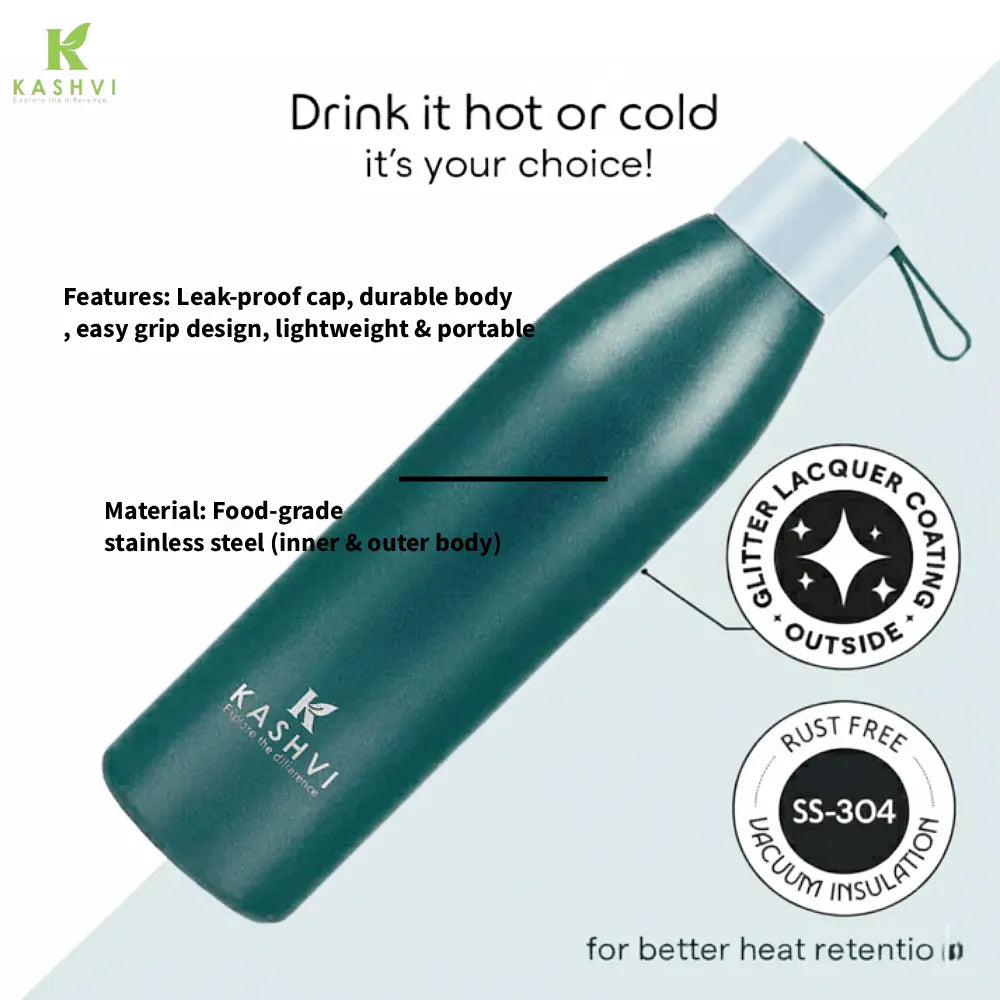 Green thermos bottle with features listed on a light gray background