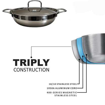 Stainless steel wok with triply construction details on a white background