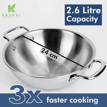 Stainless steel wok with measurement details and capacity text on a white background