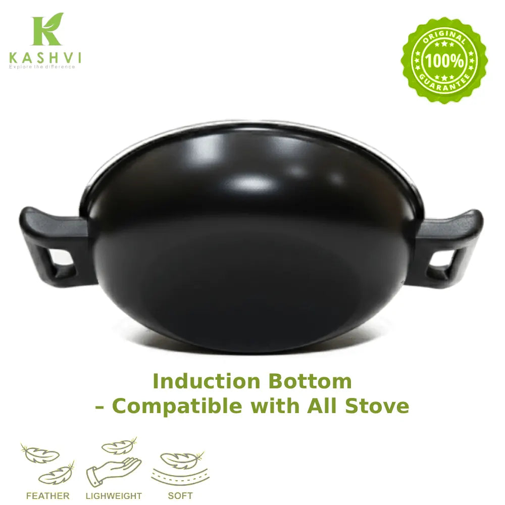 Black pot with induction bottom on a white background, featuring the Kashvi brand.