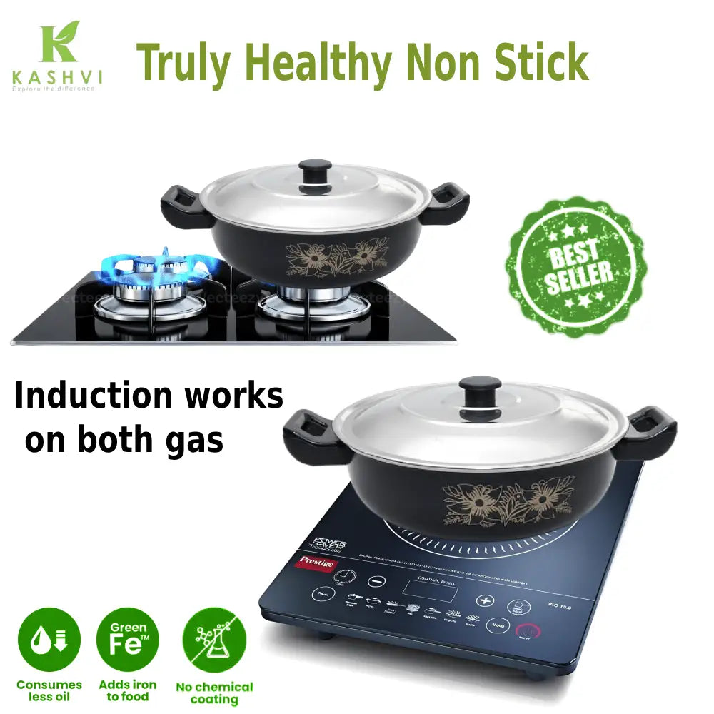 Kashvi non-stick cookware set on gas stove and induction cooktop with branding and product features.