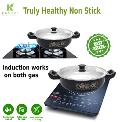 Kashvi non-stick cookware set on gas stove and induction cooktop with branding and product features.