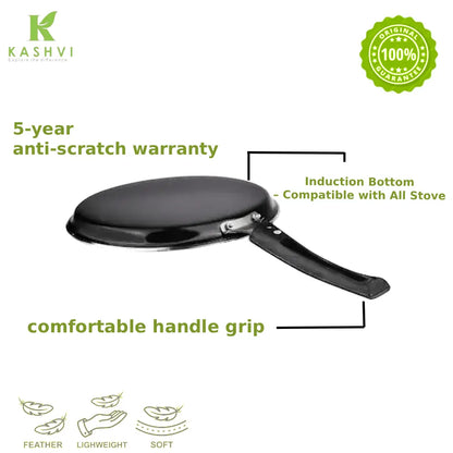 Black frying pan with features highlighted on a white background, including 'Kashvi' brand name and warranty information.