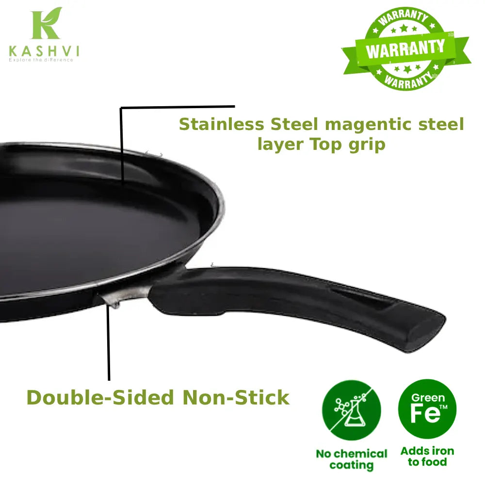 Black frying pan with features highlighted on a white background, including 'Kashvi' branding and product details.