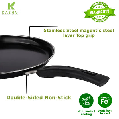 Black frying pan with features highlighted on a white background, including 'Kashvi' branding and product details.