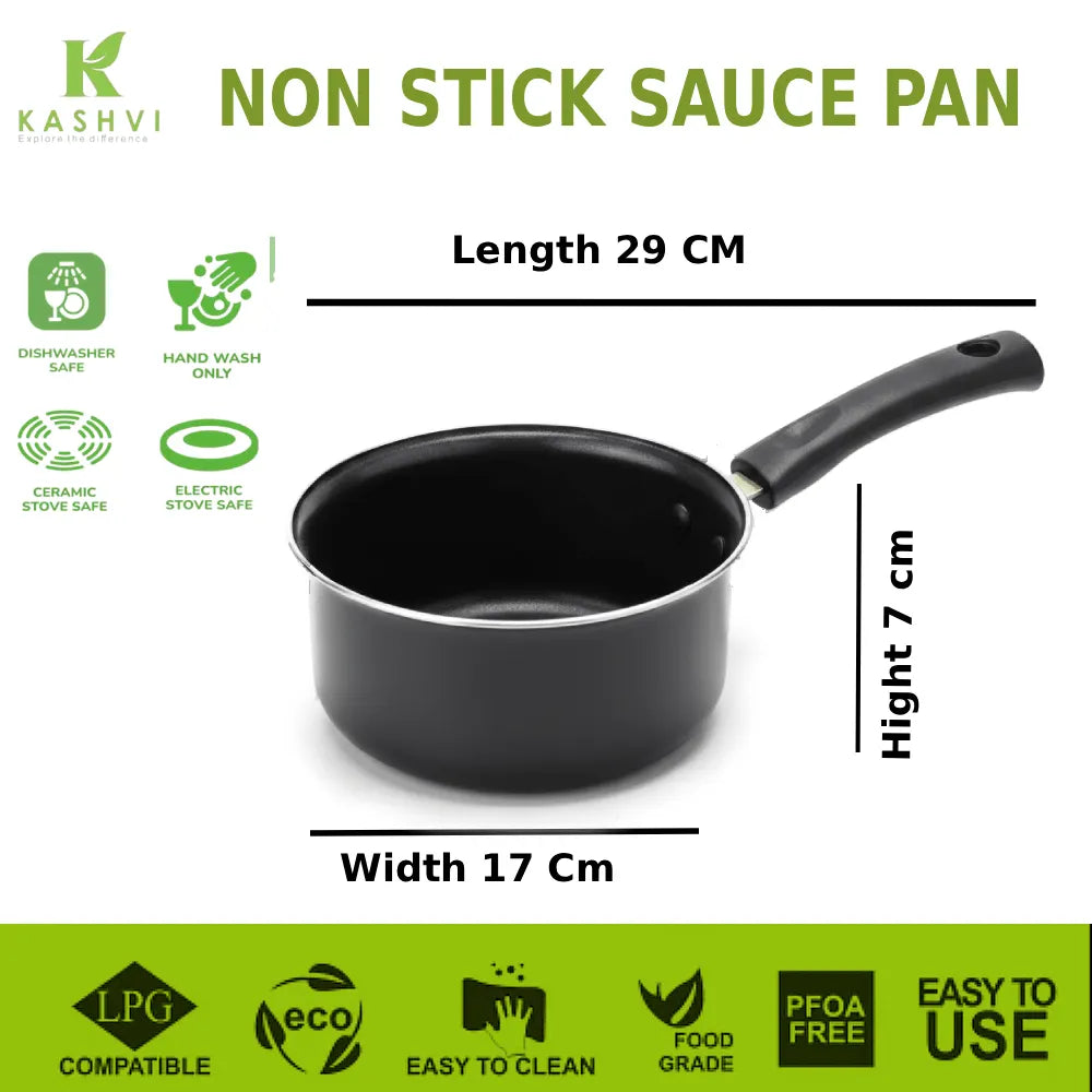 Black non-stick saucepan with dimensions and features on a white background