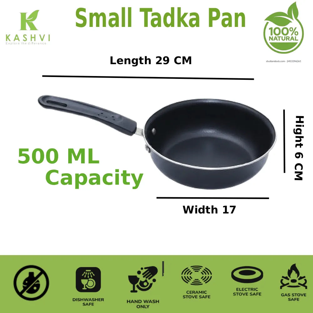 Small tadka pan with dimensions and features on a white background