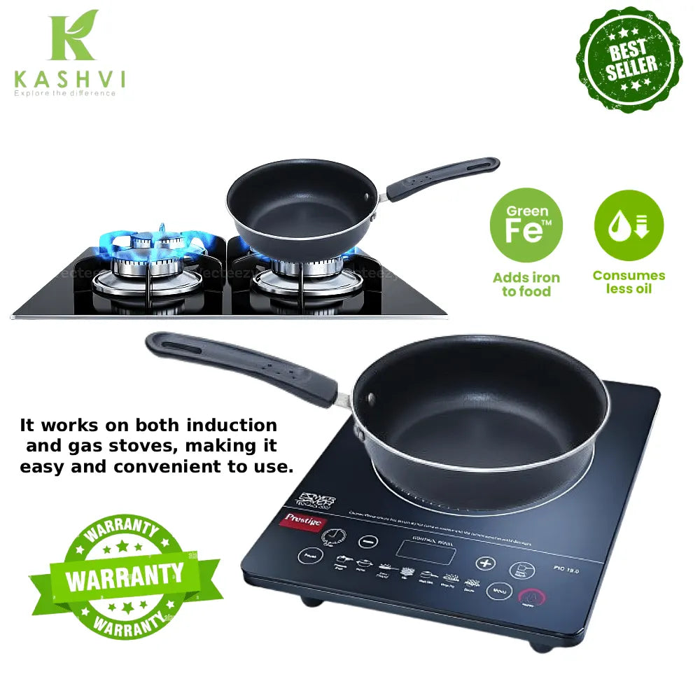 Induction cooktop with frying pan, gas stove, and promotional text on a white background