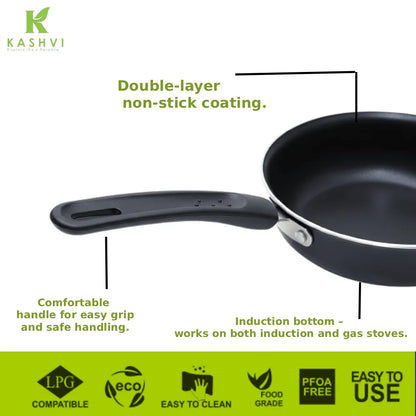 Black frying pan with features highlighted on a white background, branded as Kashvi.